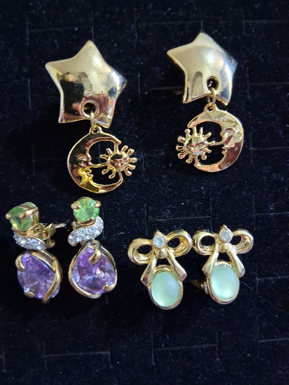 Fashion Jewelry Gold Star & Moon Dangling Earrings with Purple Green Clip On Lot